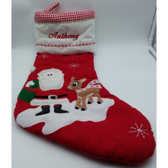 Pottery Barn Kids Anthony Stocking Santa & Rudolph Holiday Christmas Quilted Red - Picture 1 of 11